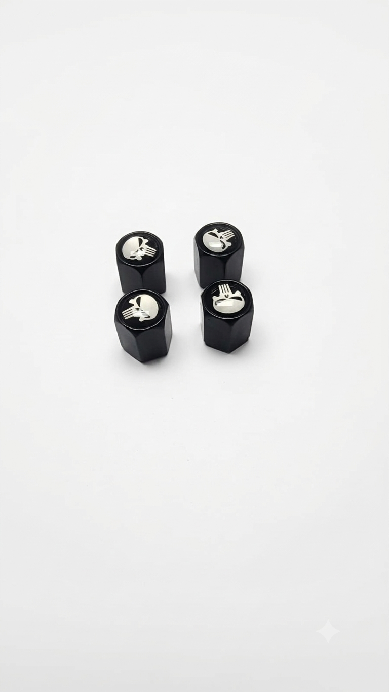 Valve Caps Punisher Skull Edition Matte Black Hexagon Valve